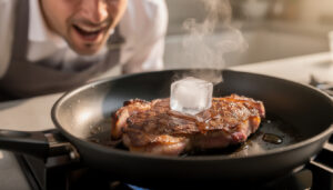 upptäck varför det är smart att alltid lägga en isbit i stekpannan när du steker biff för saftigare och smakrikare resultat.